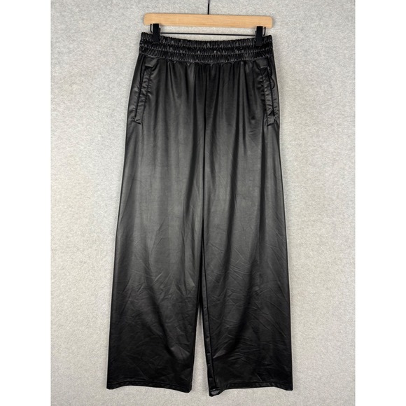 Aerie Offline Pants Womens Medium Black Luxe Faux Leather Wide Leg Elastic Waist - Picture 1 of 10